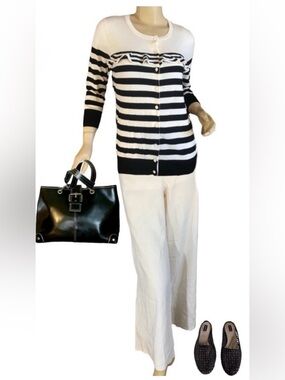 TALBOTS BLACK & OFF WHITE STRIPED RUFFLED CARDIGAN (M)